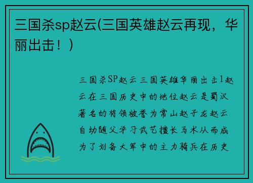 三国杀sp赵云(三国英雄赵云再现，华丽出击！)